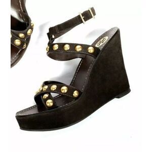 Tory Burch Shoes Brown Suede Gold Studded Wedge Sandals Size 9 M Retail $398 EUC